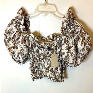 Taupe and Cream Puff Sleeve Cropped Blouse